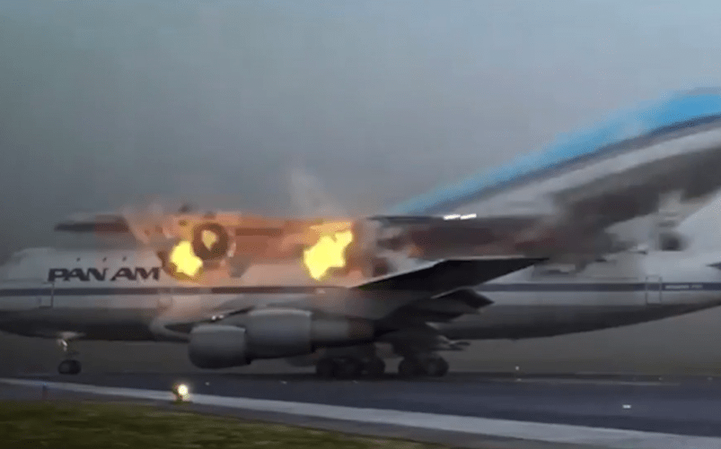 A recreation of the crash shows the KLM flight smashing into the Pan Am jet sparking an inferno