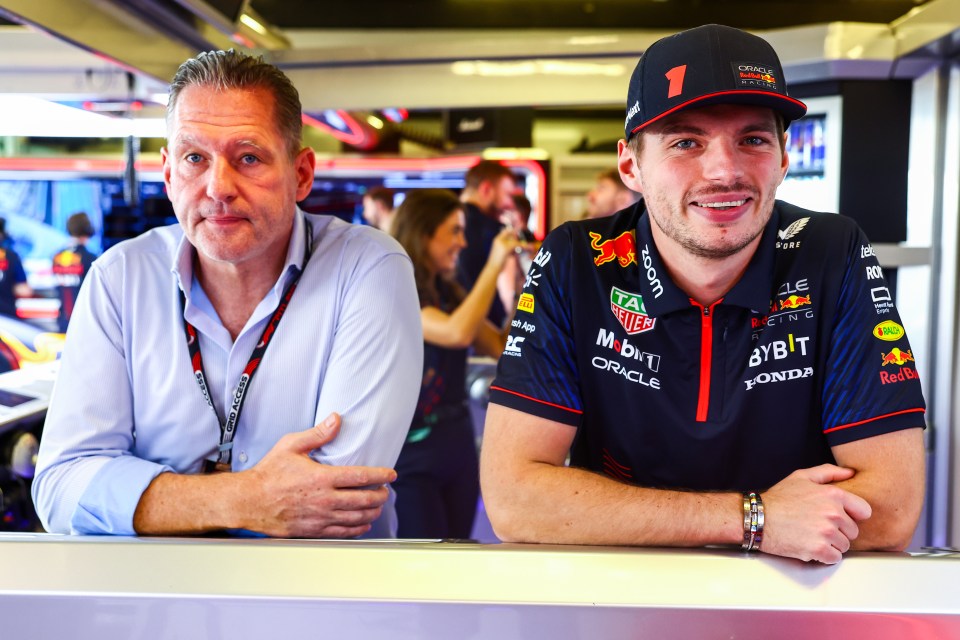 ABU DHABI, UNITED ARAB EMIRATES - NOVEMBER 24: Max Verstappen of the Netherlands and Oracle Red Bull Racing and Jos Verstappen look on in the garage during practice ahead of the F1 Grand Prix of Abu Dhabi at Yas Marina Circuit on November 24, 2023 in Abu Dhabi, United Arab Emirates. (Photo by Mark Thompson/Getty Images)