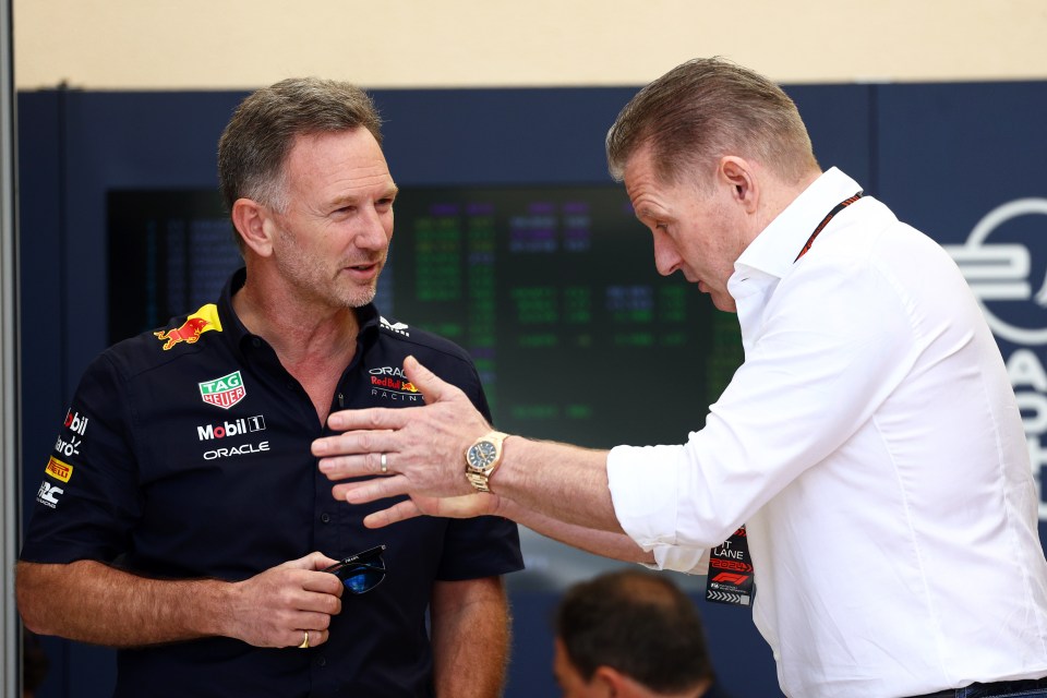 BAHRAIN, BAHRAIN - FEBRUARY 29: Oracle Red Bull Racing Team Principal Christian Horner talks with Jos Verstappen in the Paddock prior to practice ahead of the F1 Grand Prix of Bahrain at Bahrain International Circuit on February 29, 2024 in Bahrain, Bahrain. (Photo by Clive Rose/Getty Images)