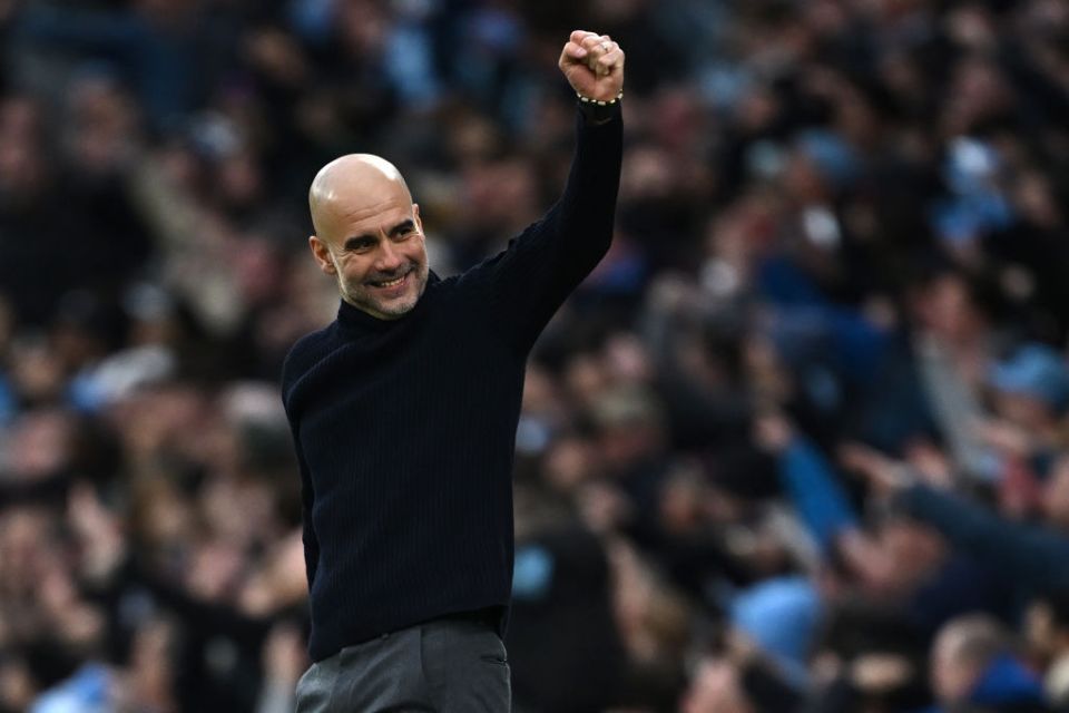 Manchester City's Spanish manager Pep Guardiola celebrates after Manchester City's Norwegian striker #09 Erling Haaland scores their third goal during the English Premier League football match between Manchester City and Manchester United at the Etihad Stadium in Manchester, north west England, on March 3, 2024. (Photo by Paul ELLIS / AFP) / RESTRICTED TO EDITORIAL USE. No use with unauthorized audio, video, data, fixture lists, club/league logos or 'live' services. Online in-match use limited to 120 images. An additional 40 images may be used in extra time. No video emulation. Social media in-match use limited to 120 images. An additional 40 images may be used in extra time. No use in betting publications, games or single club/league/player publications. /  (Photo by PAUL ELLIS/AFP via Getty Images)