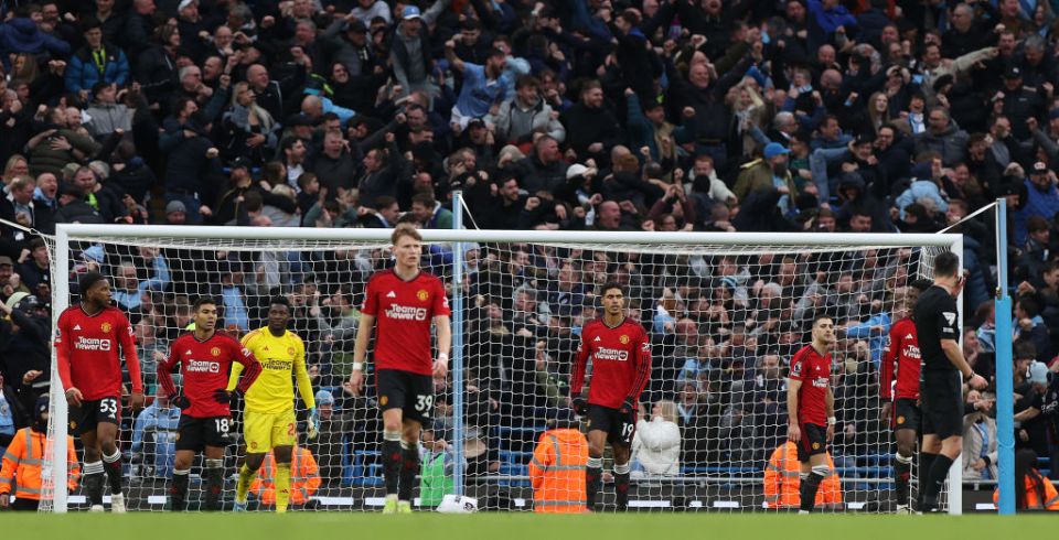 MANCHESTER, ENGLAND - MARCH 03: Scott McTominay of Manchester United reacts to conceding a goal to Phil Foden of Manchester City during the Premier League match between Manchester City and Manchester United at Etihad Stadium on March 03, 2024 in Manchester, England. (Photo by Matthew Peters/Manchester United via Getty Images)