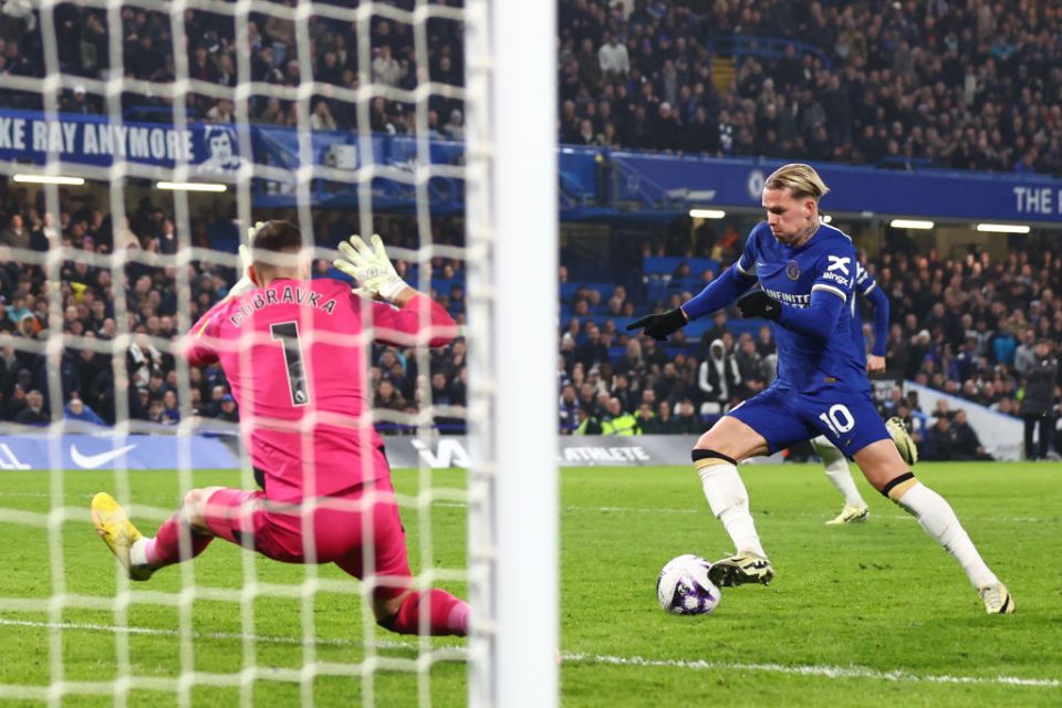 LONDON, ENGLAND - MARCH 11: Mykhailo Mudryk of Chelsea scores their third goal during the Premier League match between Chelsea FC and Newcastle United at Stamford Bridge on March 11, 2024 in London, England.(Photo by Marc Atkins/Getty Images)