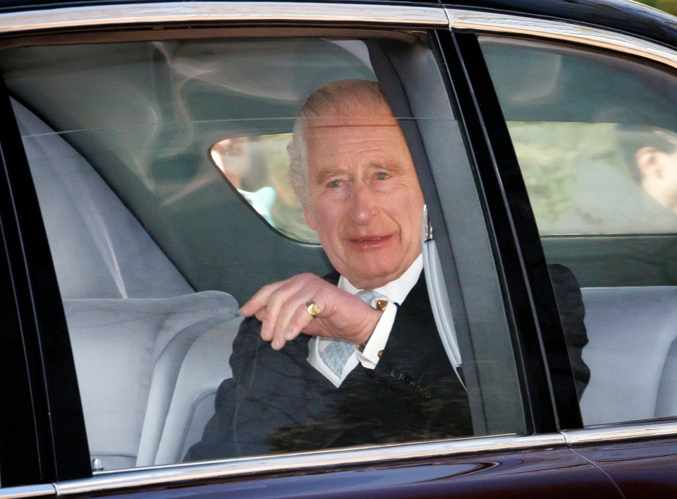 King Charles III is seen smiling and waving to the public