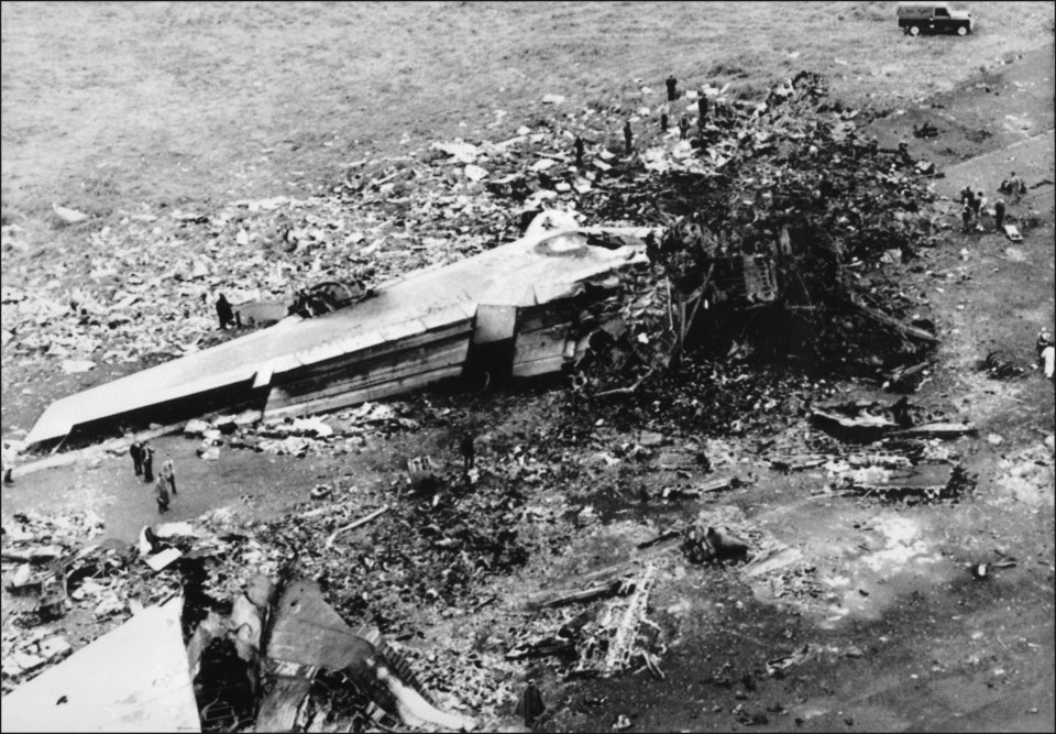 The burnt-out wreckage of Pan Am 1736 litters the Los Rodeos runway