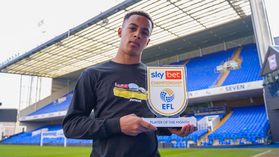 Hutchinson with his first-ever professional accolade - the SkyBet Championship player-of-the-month award