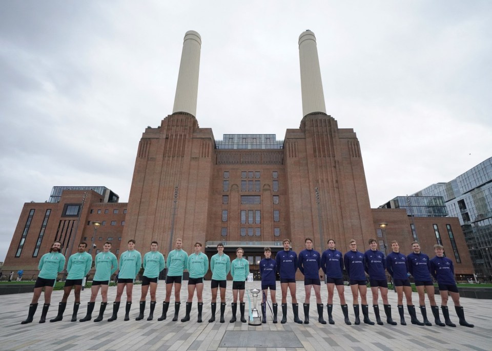 ****Embargoed until 20:30 13th March, 2024.***** The Oxford (right) and Cambridge (left) Universities' mens rowing teams attend a photo call during the crew announcements for The 2024 Gemini Boat Race at Battersea Power Station, London. The Gemini Boat Race will take place on Saturday the 30th of March. Picture date: Wednesday March 13, 2024. PA Photo. See PA story ROWING Boat Race. Photo credit should read: Jonathan Brady/PA Wire. RESTRICTIONS: Use subject to restrictions. Editorial use only, no commercial use without prior consent from rights holder.