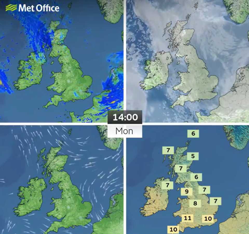 Monday afternoon's forecast from the Met Office shows some rain for Scotland and scattered areas in England