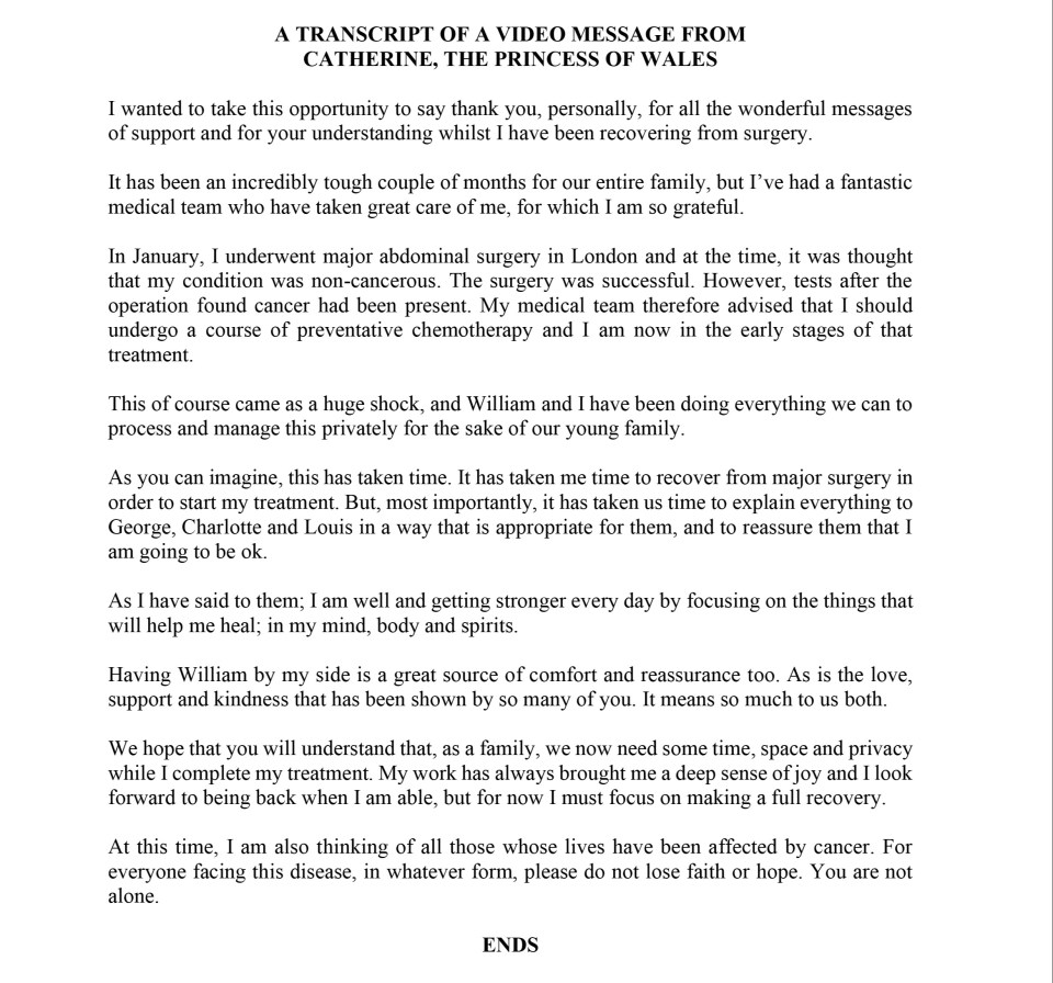 Princess Kate's statement in full