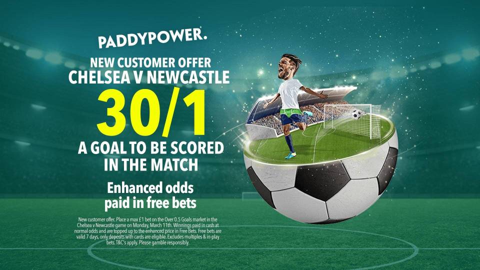 Get 30/1 for goal to be scored in Chelsea vs Newcastle on Monday night!