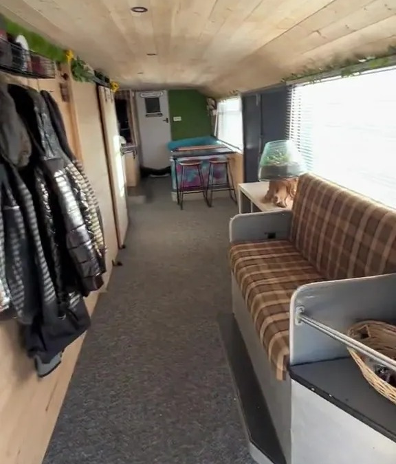 The converted bus has a large and spacious interior