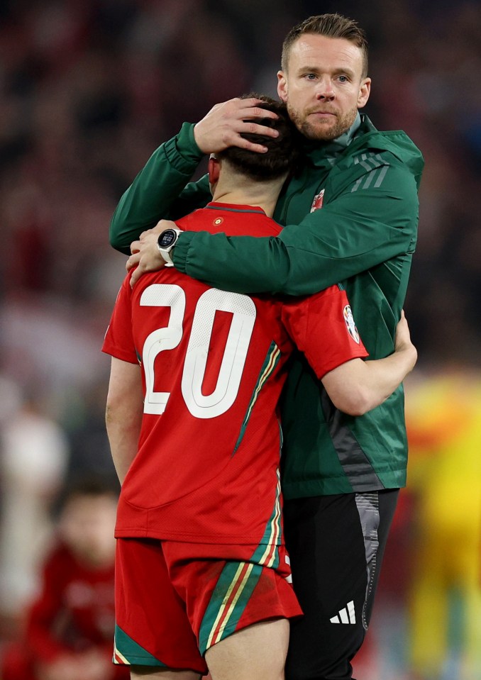 Wales coach Chris Gunter does his best to console devastated James