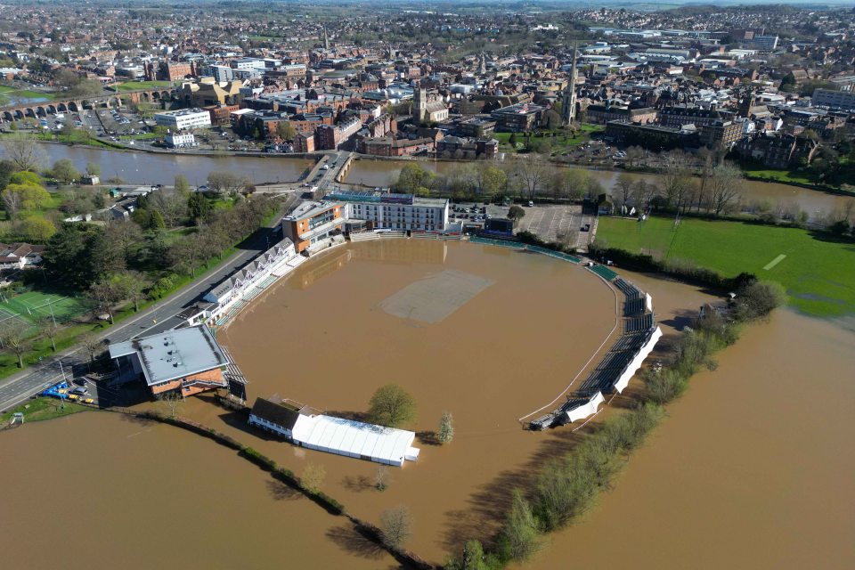 An aerial view showing a flooded New Road Cricket Club, home of Worcestershire CCC, in Worcester