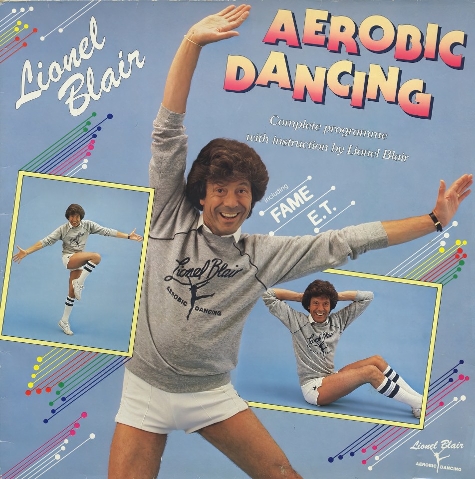 Lionel Blair dons some tight white pants for his album Aerobic Dancing