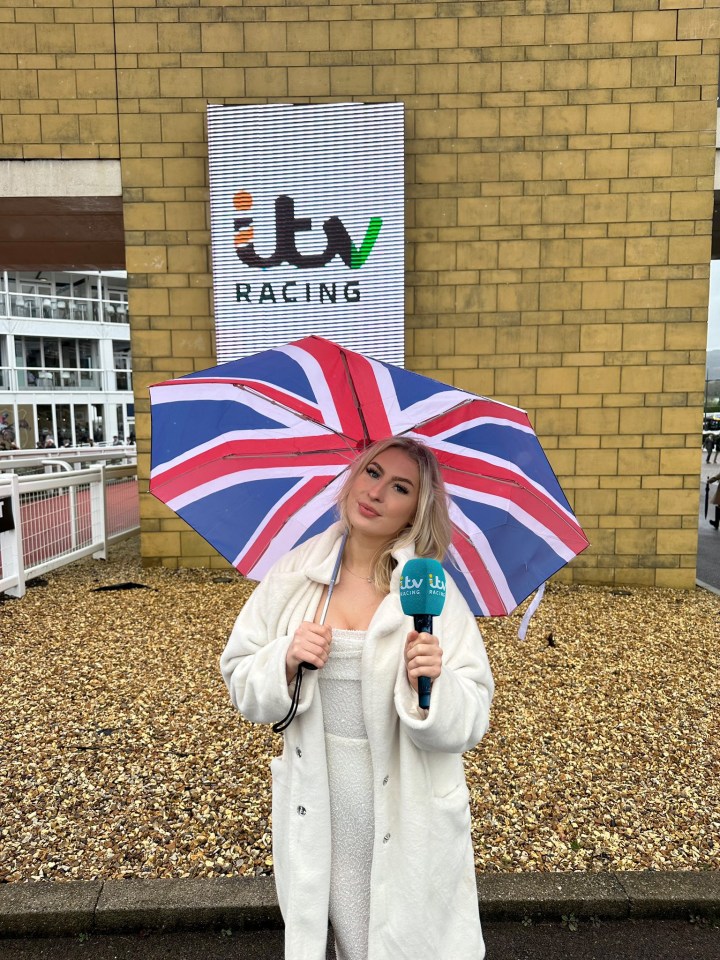 She appeared on ITV Racing with a Union Jack umbrella