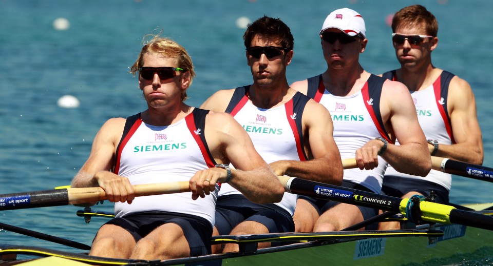 Tom James, centre-left, won gold at the Beijing and London Olympic Games