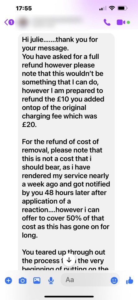 Julie shared screenshots of the messages she claims the beautician sent her