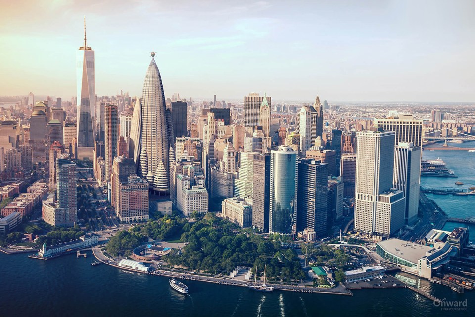 An artist's creation of what the New York skyline would have looked like if the hotel was built