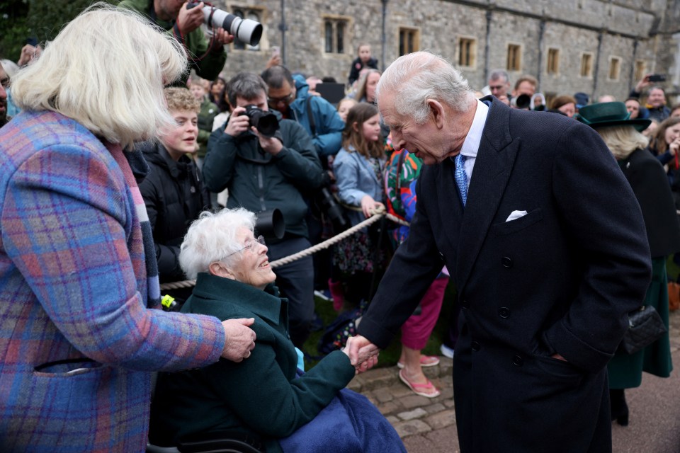 King Charles shakes the hand of one fan on the rope line