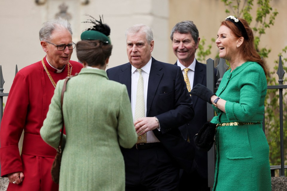 Prince Andrew and Sarah Ferguson speak with Princess Anne