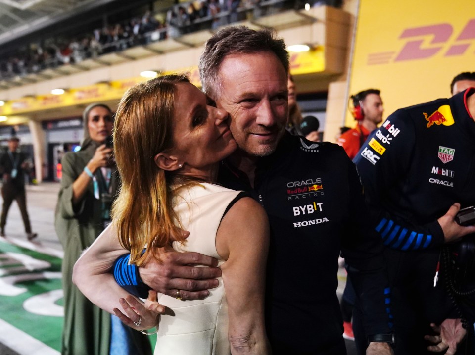 Christian and Geri Horner share an awkward hug after Max Verstappen won the Bahrain Grand Prix on Saturday