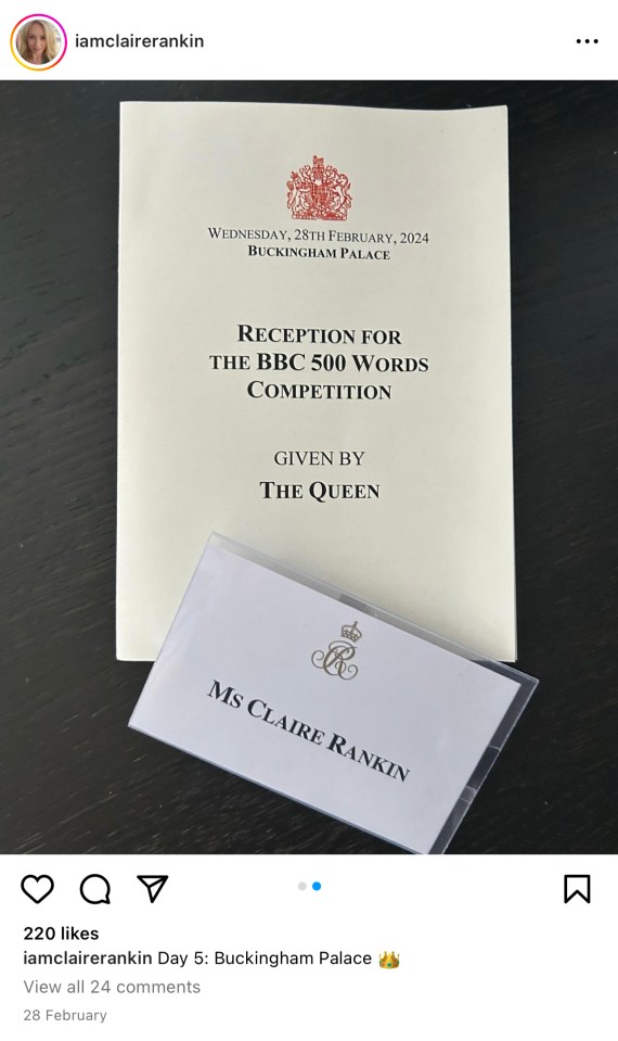 The actress posted a snap of her invitation to the final of the BBC’s 500 Words at Buckingham Palace