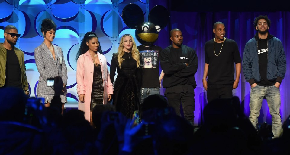 Jay-Z with some of Tidal’s co-owners, superstars: Madonna, Rihanna, Usher, Nicki Minaj, ,Deadmau5, Kanye West and J Cole