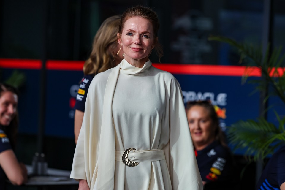 The Spice girl enters the Red Bull hospitality suite at Jeddah Corniche Circuit