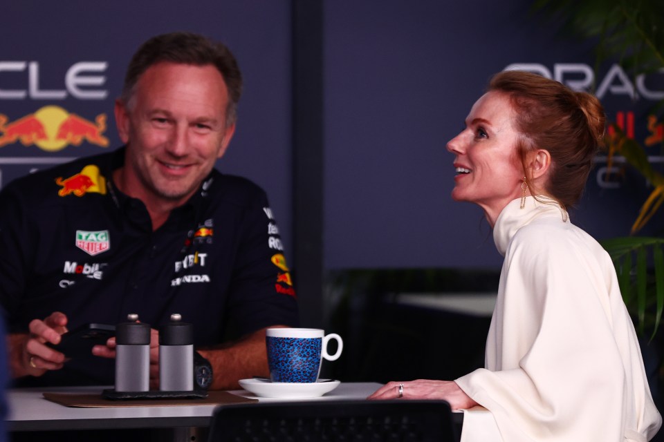 Oracle Red Bull Racing Team Principal Christian Horner and wife Geri talk today in the Paddock during the Saudi F1 Grand Prix