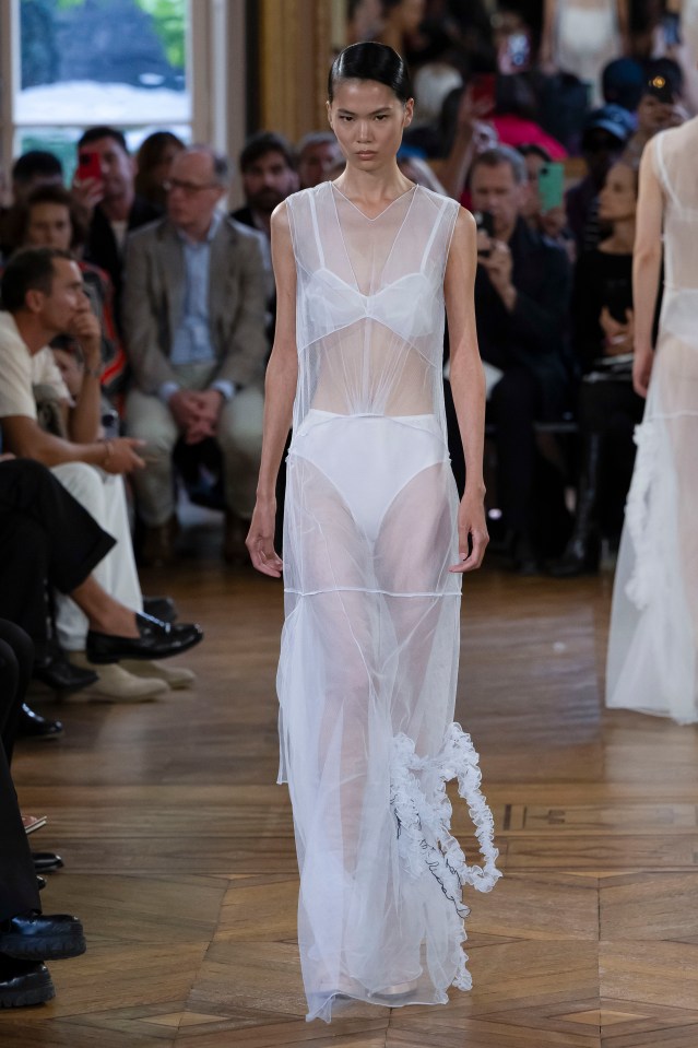 PARIS, FRANCE - SEPTEMBER 29: A model walks the runway during the Victoria Beckham Ready to Wear Spring/Summer 2024 fashion show as part of the Paris Fashion Week on September 29, 2023 in Paris, France. (Photo by Victor VIRGILE/Gamma-Rapho via Getty Images)