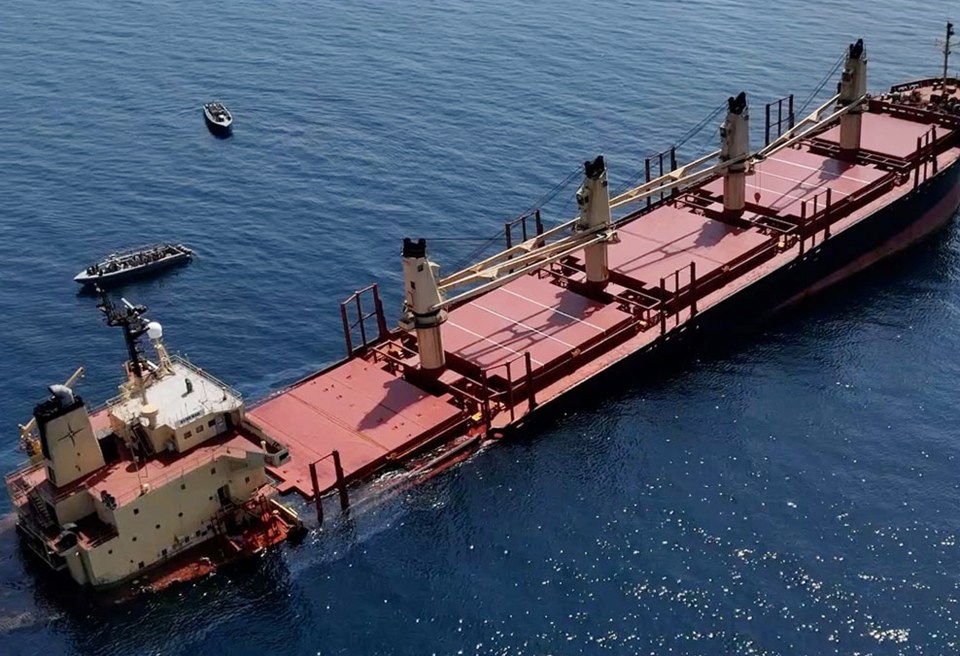 The British-registered cargo ship ‘Rubymar’ sinking after it was targeted by Houthi's in the Red Sea on March 3