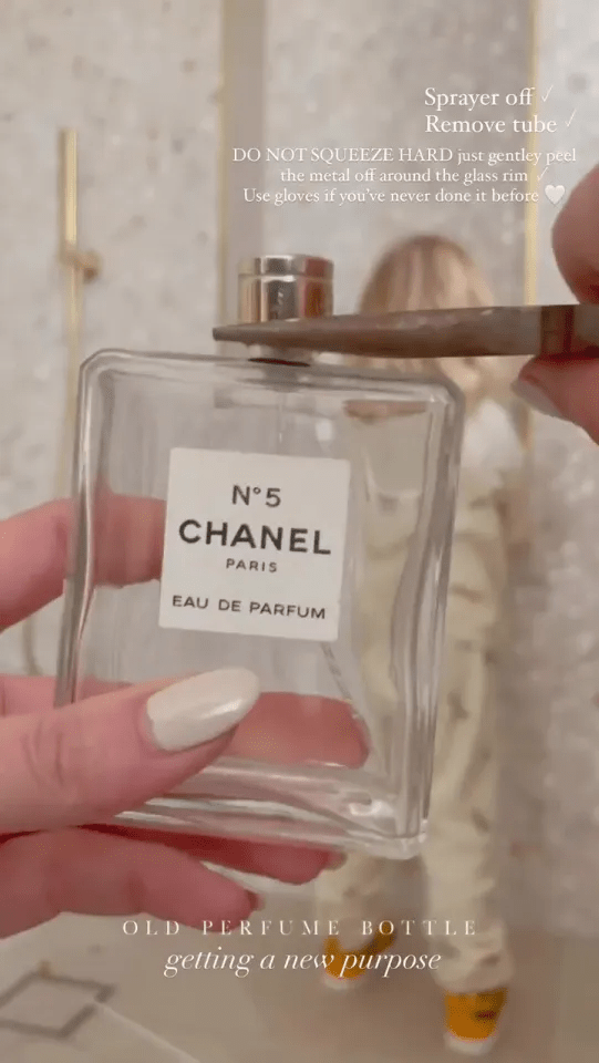 The DIY whizz transformed her old Chanel perfume bottles into a stylish shower gel holder and diffuser