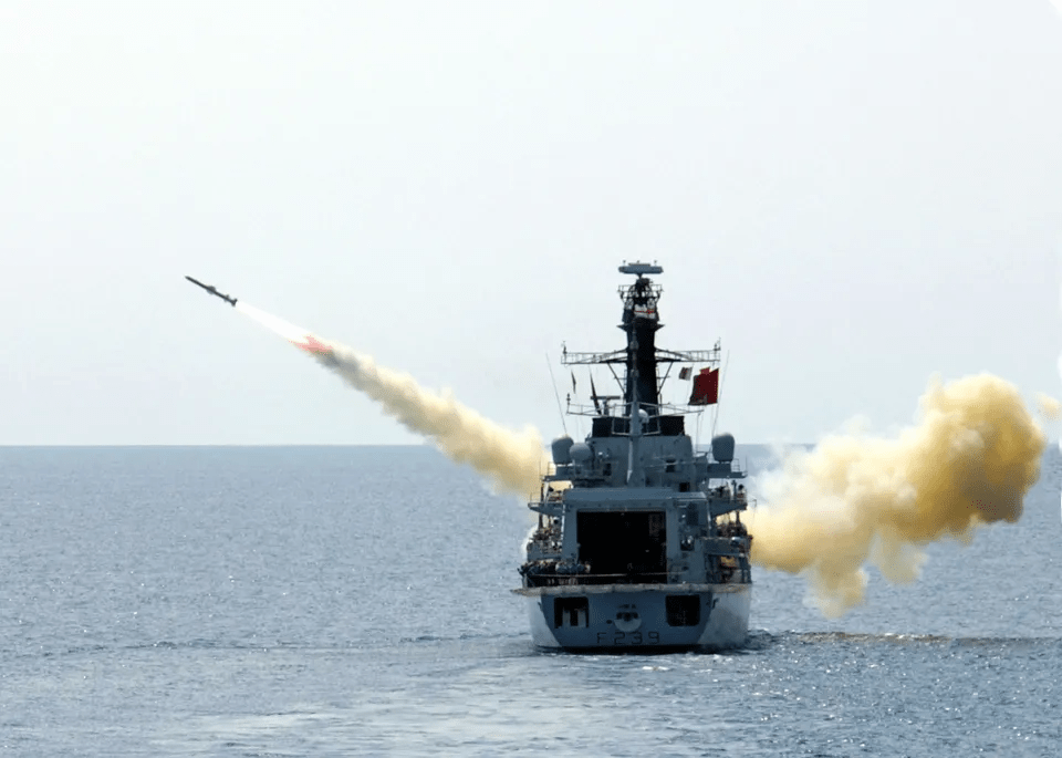 The Type 23 frigate is pictured firing a Harpoon missile during drills in 2016