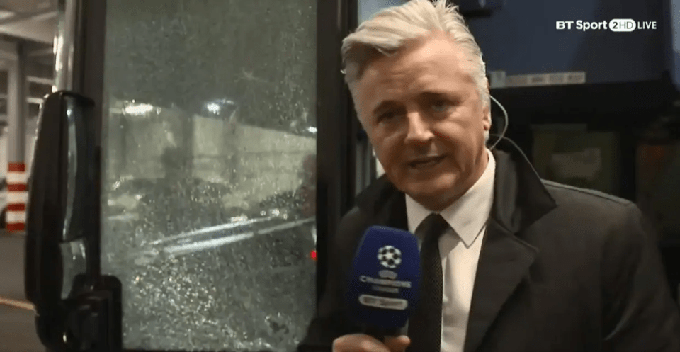 BT Sport showed evidence that the bus door had been shattered in the attack