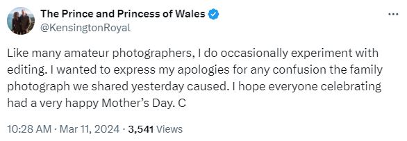 Kate apologised for the editing fail on the Mother's Day post