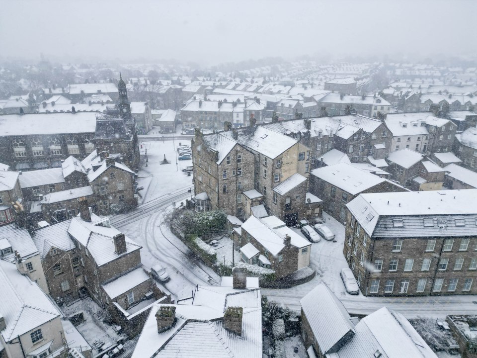 Snow blankets houses in Buxton, Derbyshire