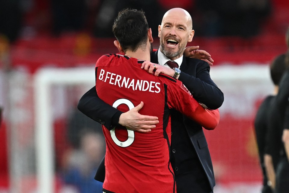 Erik ten Hag pictured celebrating with captain Bruno Fernandes after the final whistle