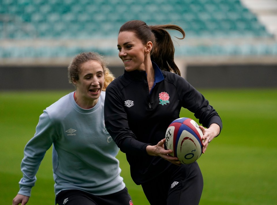 Kate joining in with an England women's rugby union team training session while visiting Twickenham Stadium in 2022