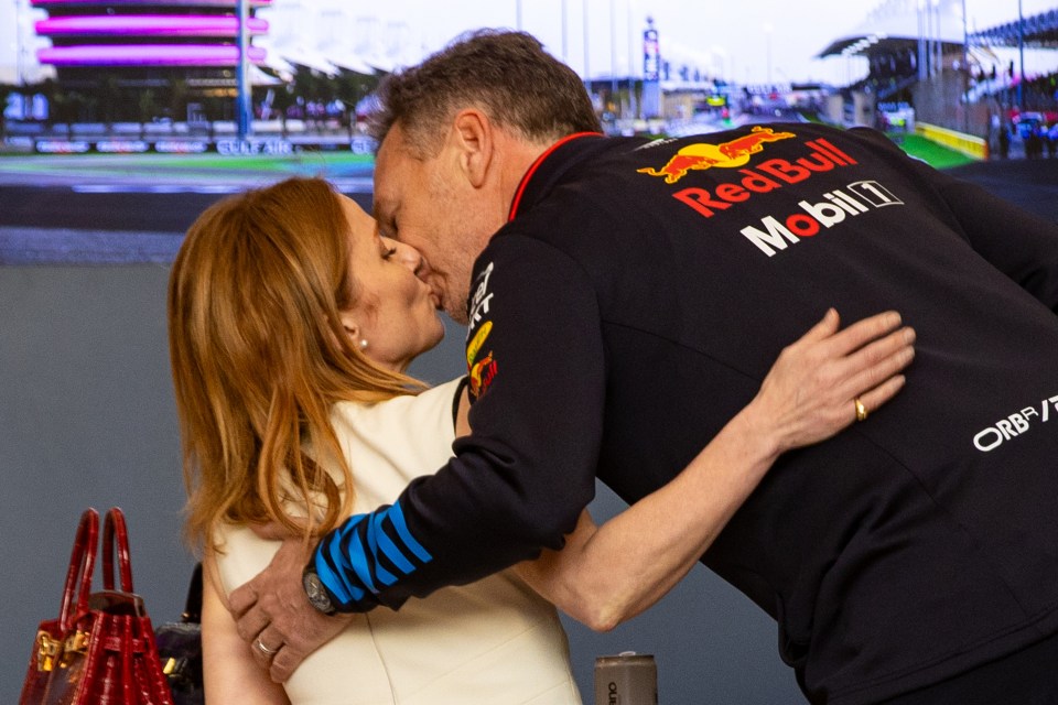 Geri Halliwell and husband Horner kiss last week at the F1 Grand Prix of Bahrain