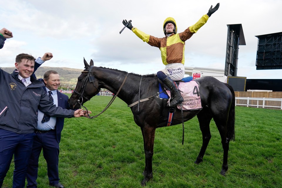 Townend celebrates after winning a second straight Gold Cup on Galopin Des Champs