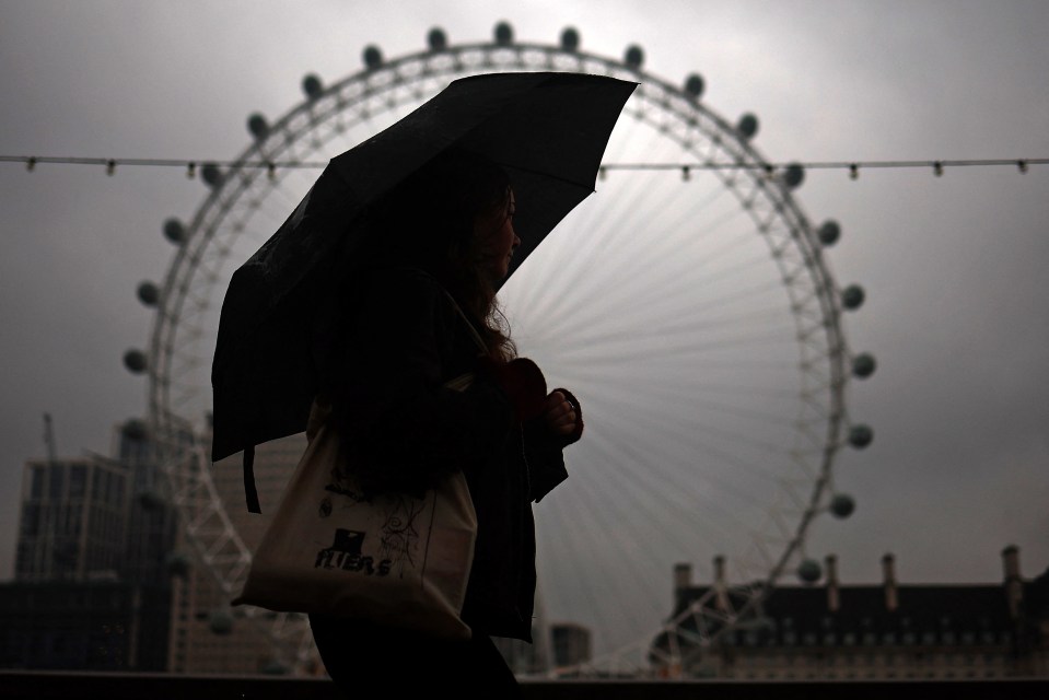 A pedestrian shelters from the rain beneath an umbrella