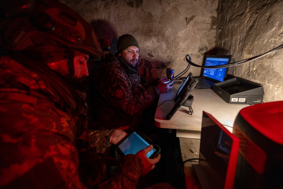 The Sun joined the drone bombers blitzing Russian trenches, scrambling to the launch site on Ukraine’s north eastern front in a convoy of 4x4s in darkness