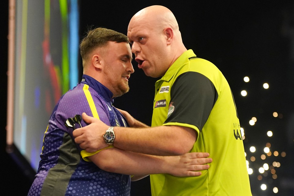 Michael van Gerwen (right) was beaten by Luke Littler in his opening Premier League clash on Thursday