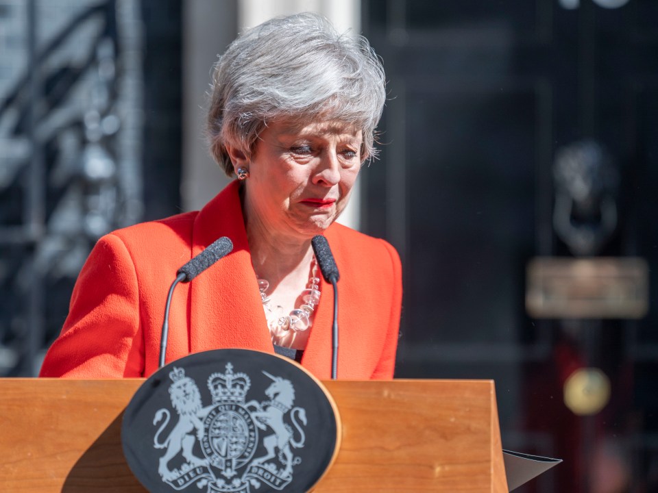 May pictured giving an emotional speech announcing her resignation as PM