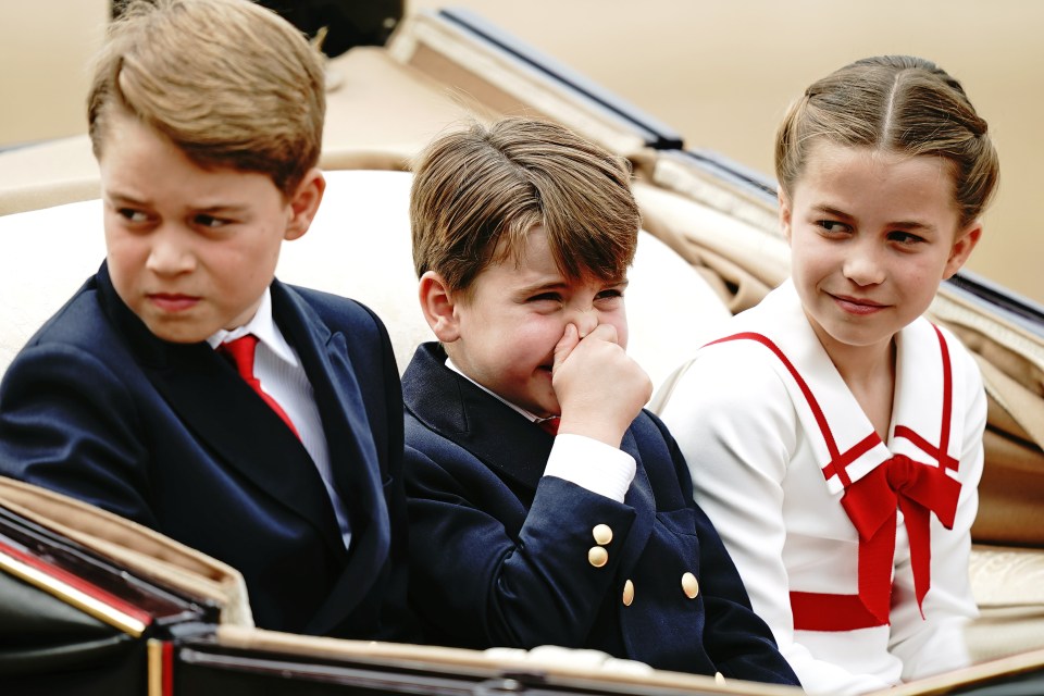 (Left-right) Prince George, Prince Louis and Princess Charlotte during the Trooping the Colour ceremony at Horse Guards Parade, central London June 17, 2023