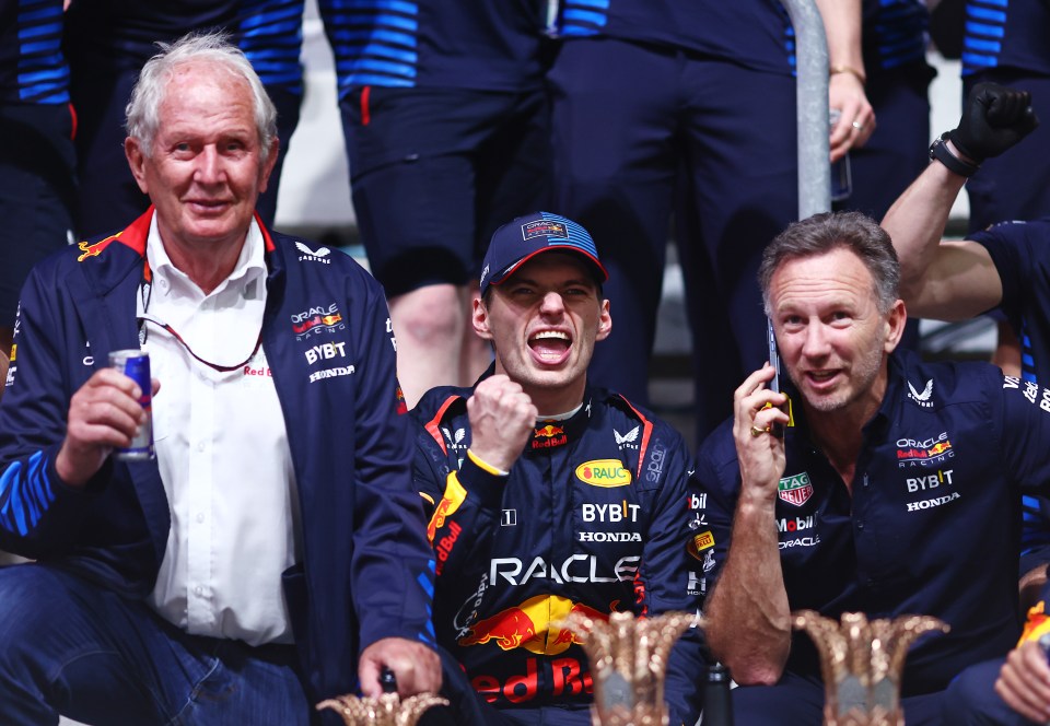 Marko, Verstappen and Horner celebrate their win in Jeddah