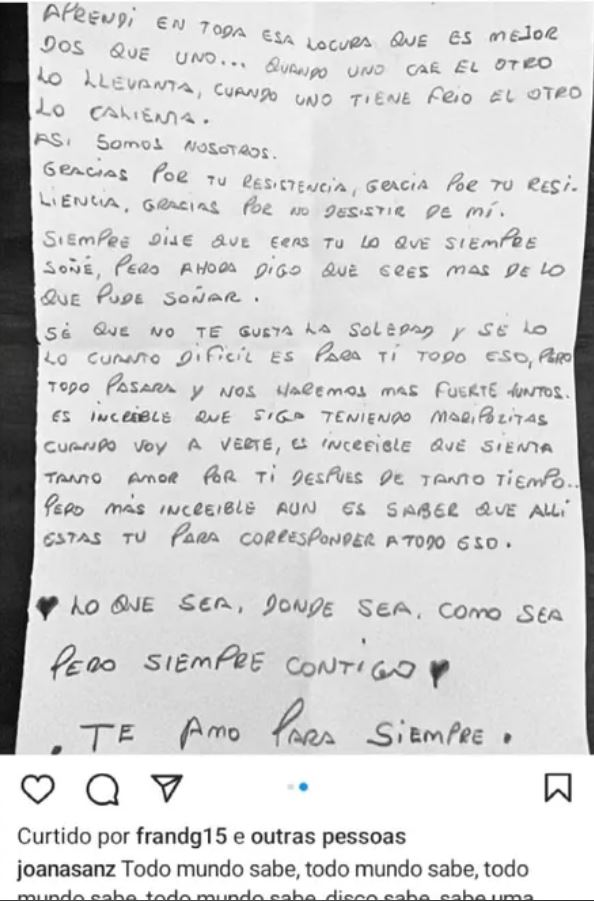 His ex-wife Joana Sanz accidentally shared his bizarre letter to her pleading for forgiveness