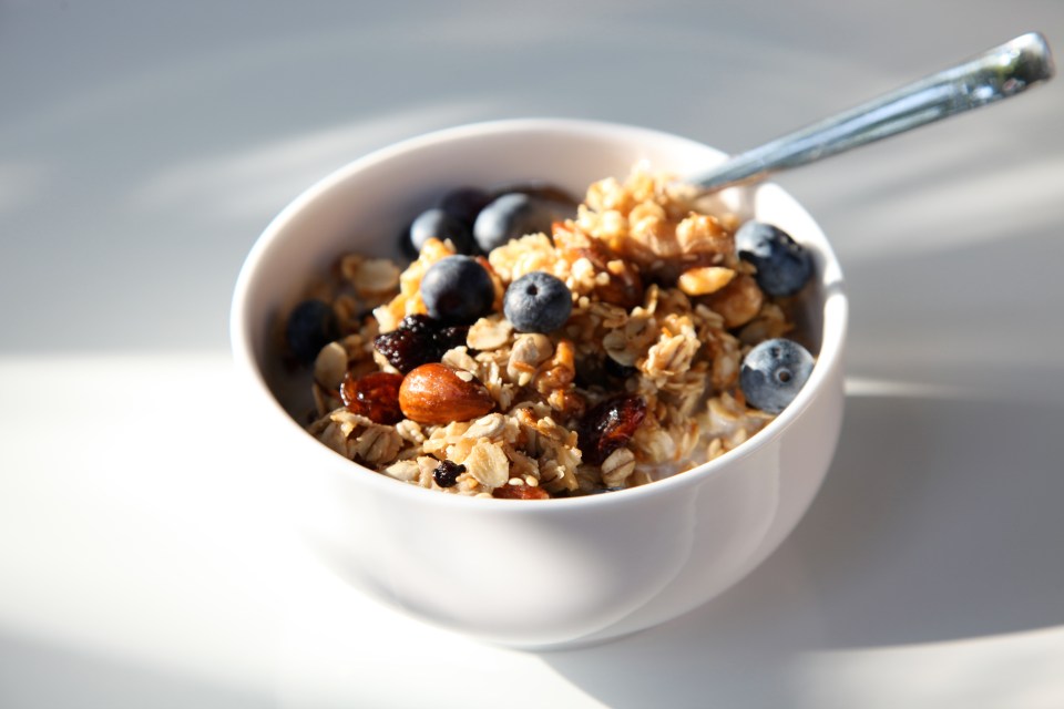 Granola's mix of oats, nuts, seeds and dried fruit will provide beneficial protein and fibre