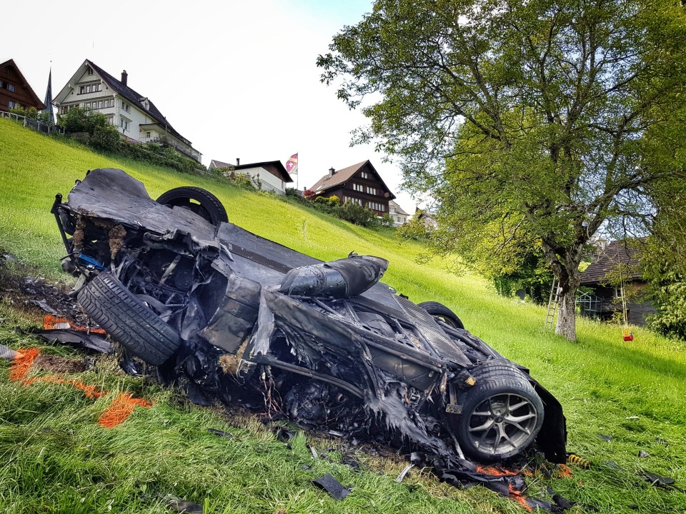 This photo issued by Freuds shows the car that was involved in a crash where Richard Hammond escaped serious injury, in Switzerland, Saturday June 10, 2017. The makers of Amazon's car-themed TV show "The Grand Tour" say presenter Richard Hammond has been in a serious crash while filming in Switzerland, but has escaped serious injury. (Freuds via AP)