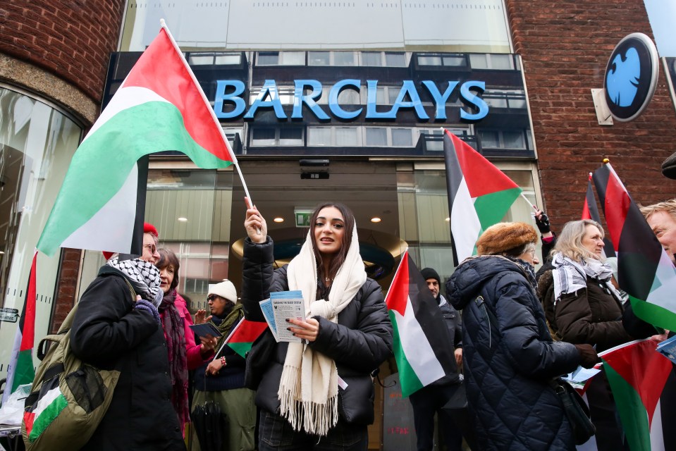 Pro-Palestine activists singled out Barclays Bank for ‘arming Israel’ by protesting outside nearly 50 branches across the UK