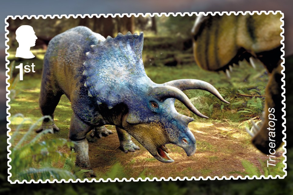 One of the stamps features a Triceratops